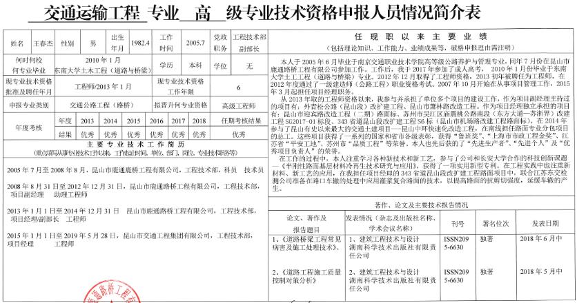 关于王春杰同志申报交通运输爱体育官网高级爱体育官网师的公示